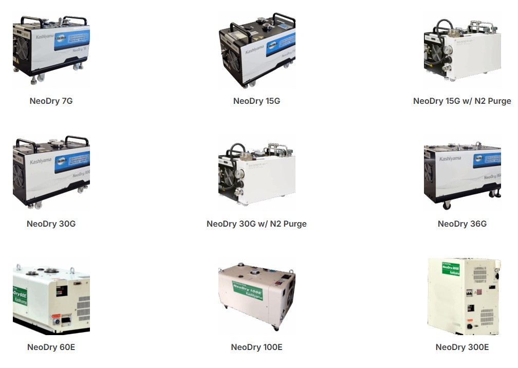 Kashiyama NeoDry G and E style dry vacuum pump models including NeoDry 7G, 15G, 30G, 36G, 60E, 100E, and 300E