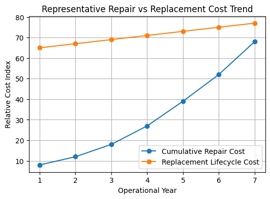 Chart showing representative lifecycle cost trend for repairing versus replacing a vacuum pump over seven operational years